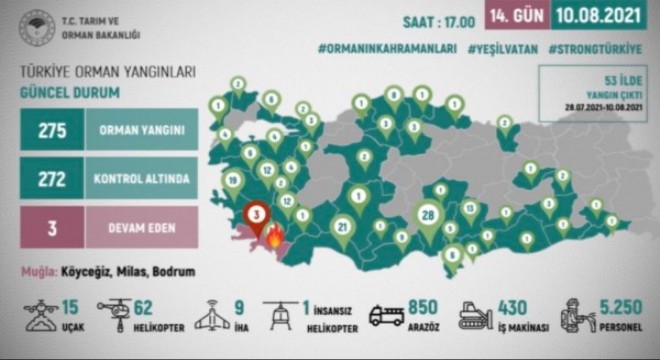 Son 14 günde çıkan 275 orman yangınından 272'si kontrol altında